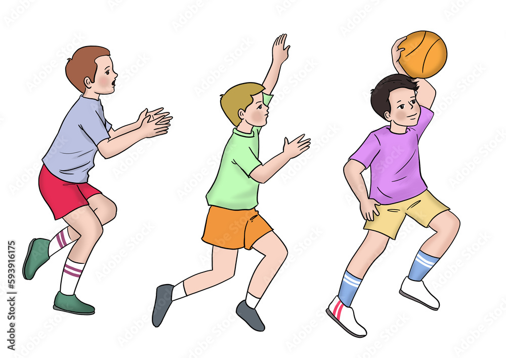 Obraz premium with three boys playing basketball on white background