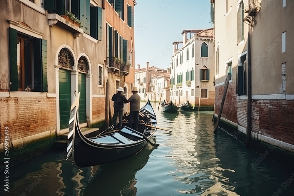 Amazing view of beautiful Venice, Italy. Narrow water canal with boats moored between old colorful buildings and bridge, Northern Italy. Typical Venetian view, Generative AI