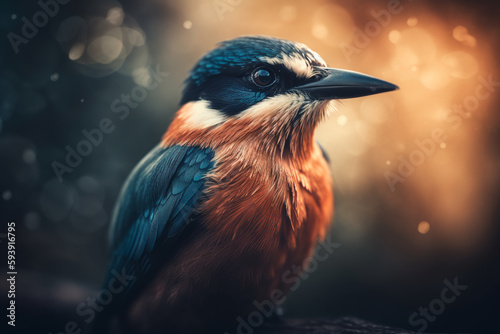 Сommon kingfisher, Alcedo atthis. The bird sits on a beautiful branch above the river waiting for a fish. ai generative © Oleksandr