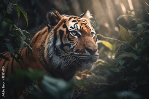 Close-up of a Sumatran tiger in a jungle. ai generative