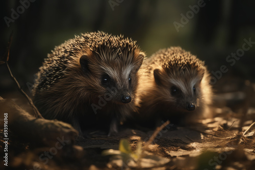Family of hedgehogs on the background of wild nature. ai generative