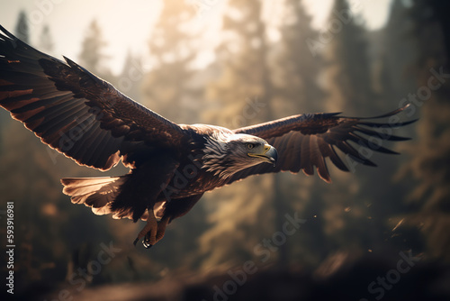 flying eagle hunts on the background of nature. ai generative