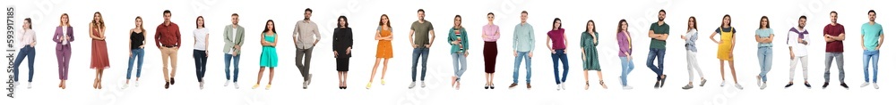 Collage with full length portraits of men and women on white background Collage with full length portraits of men and women on white background