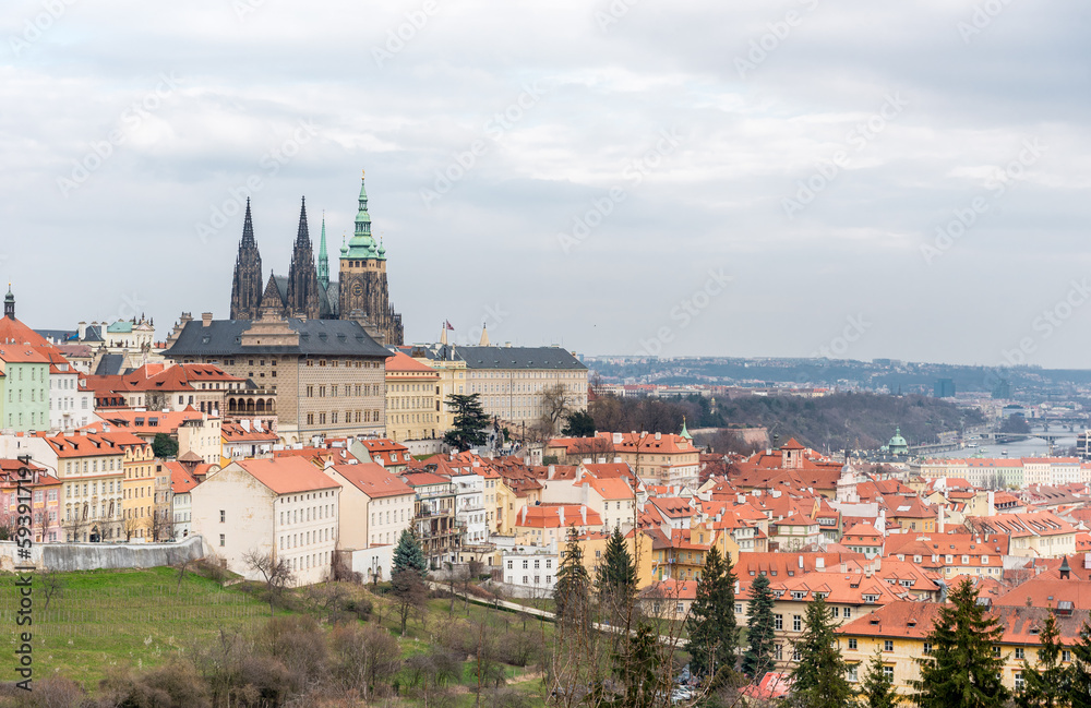 Petrin Gardens and Prague Landscape from Above. Cityscape. St. Vitus Cathedral and Castle of Prague.