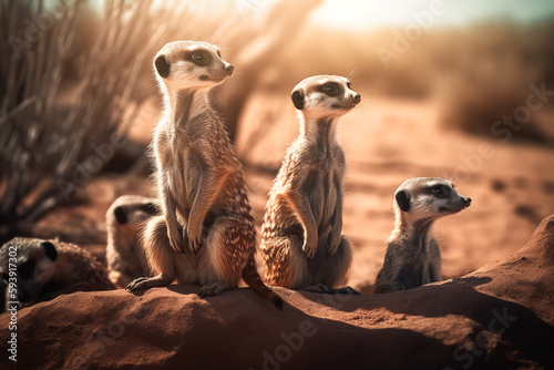 Fotografia family of meerkats on the background of the desert