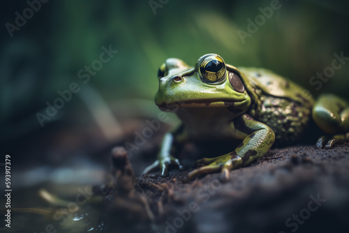 green toad sits on the shore near the water. close-up. ai generative