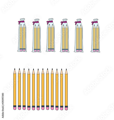 Six groups of yellow pencils in pairs on a white background.
and twelve yellow pencils side by side.
tr: ikişerli altı grup kurşun kalem .
oniki tane kurşunkalem 
 photo