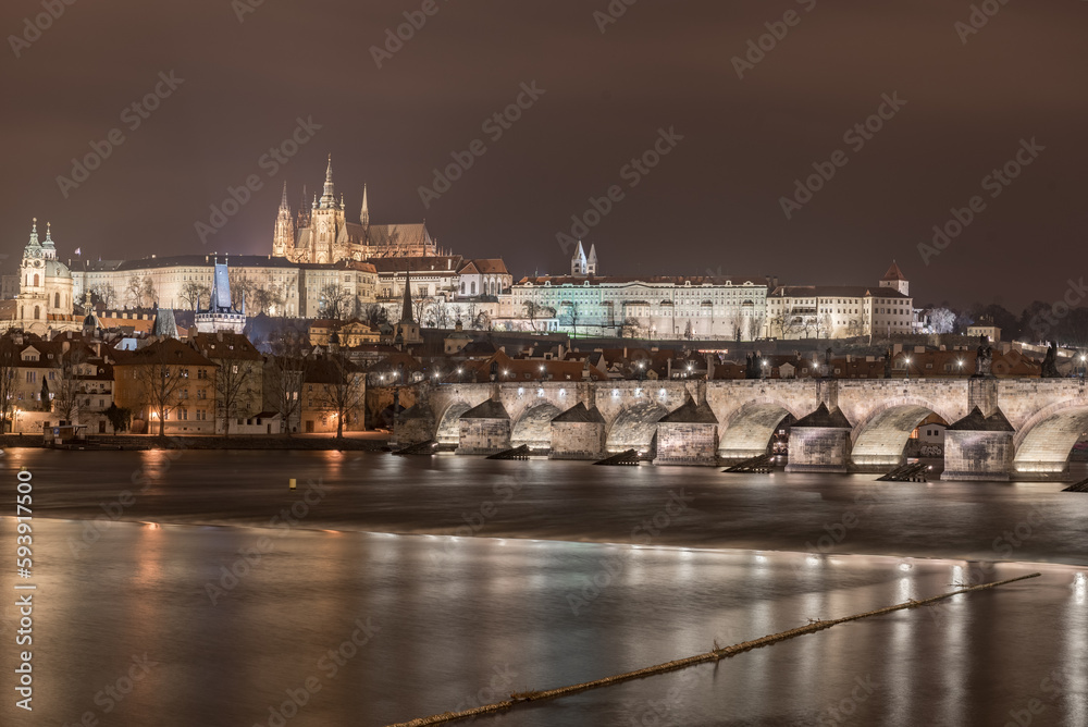 Night and Vltave river, Castle of Prague, St. Vitus Cathedral, Palace and Church. Long Exposure. Prague, Czech.