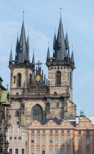 Outdoor Buildings Colorful Architecture in Prague, Czech. Old Town Square. Church of Our Lady before Tyn