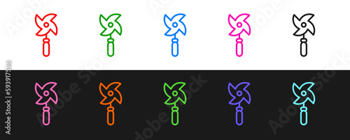 Set line Pinwheel toy icon isolated on black and white background. Windmill toy icon. Vector