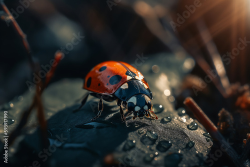 Ladybug sits on a pebble in the grass, on a warm spring day. ai generative