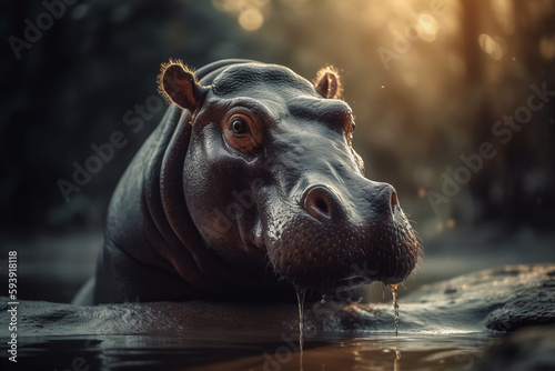 One hippo in the water. South Africa. AI generative