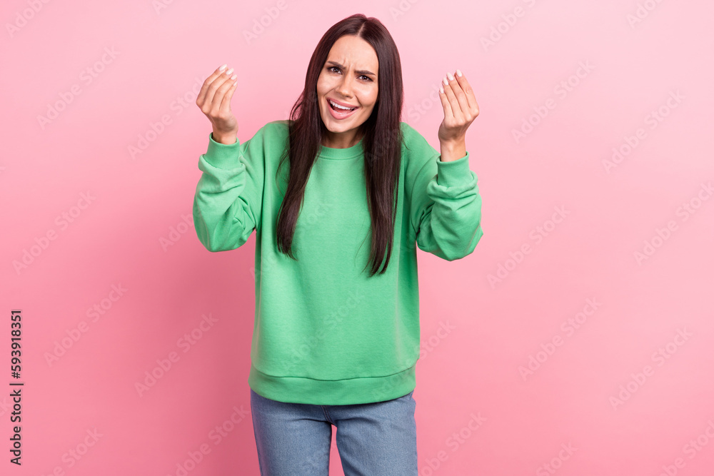 Photo of angry dissatisfied woman with long hairstyle dressed green sweatshirt conflicts quarrels isolated on pink color background Photo of angry dissatisfied woman with long hairstyle dressed green sweatshirt conflicts quarrels isolated on pink color background