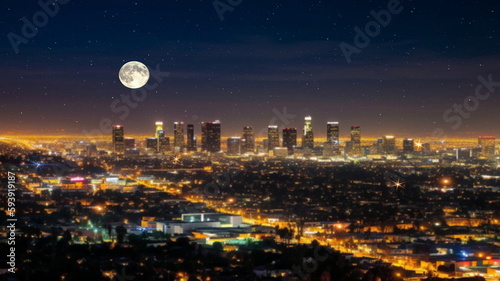 Los Angeles at night panorama starry sky and big moon.skyline view from plane banner,generated ai
