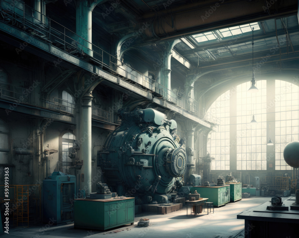 Old industrial factory interior with industrial machines. The space is dimly lit with minimal lighting. Generative AI.