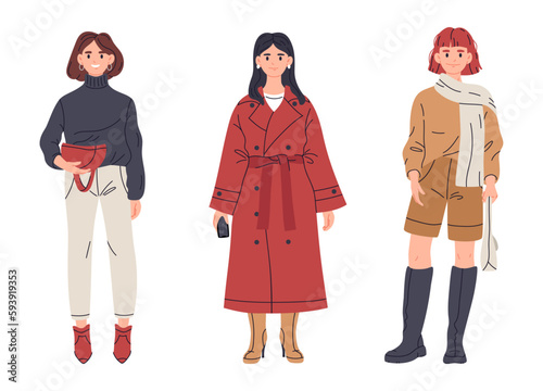 Fashionable young women. Stylish girls wearing casual outfits. Elegant modern fashion looks flat cartoon vector illustration set