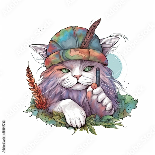 Hippie cat smoking weed illustrations vector