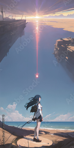 Estrella fugaz cayendo sobre el cielo entre edificios - Perspectiva panorámica - Anime realistic illustration - AI Generated Art photo