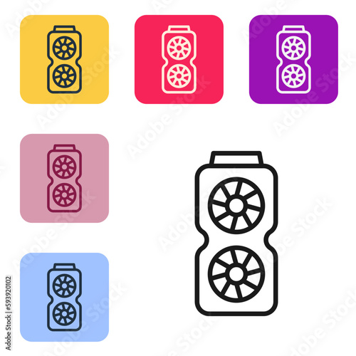 Black line Video graphic card icon isolated on white background. Set icons in color square buttons. Vector