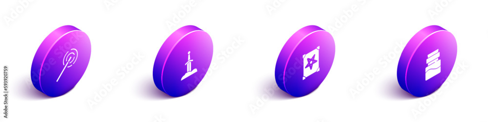 Set Isometric Magic wand, Sword in the stone, Ancient magic book and Bottle with potion icon. Vector Set Isometric Magic wand, Sword in the stone, Ancient magic book and Bottle with potion icon. Vector