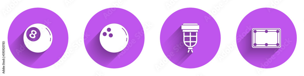 Set Billiard ball, Bowling, pocket and table icon with long shadow. Vector Set Billiard ball, Bowling, pocket and table icon with long shadow. Vector