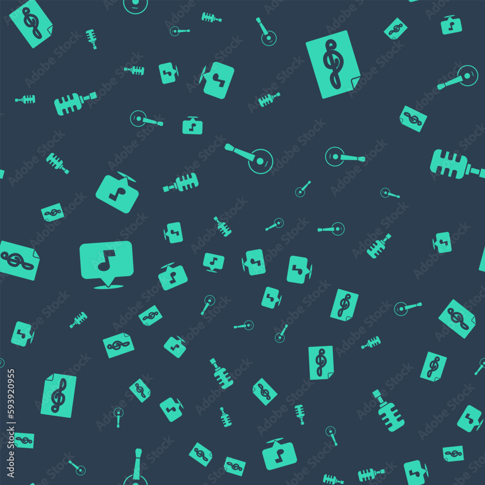 Set Banjo, Treble clef, Music note, tone and Microphone on seamless pattern. Vector