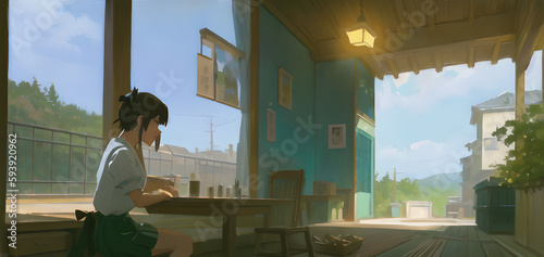 Chica sentada en bar japonés con grandes ventanas de cristal y mesas bajas - Anime realistic illustration - AI Generated Art photo
