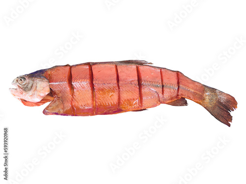Smoked rainbow trout fish isolated on white background.