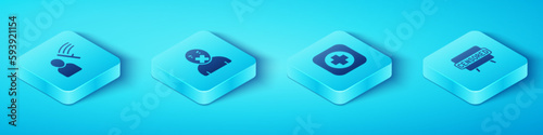 Set Isometric Police beat human, Censor and freedom of speech, Censored stamp and Hospital signboard icon. Vector