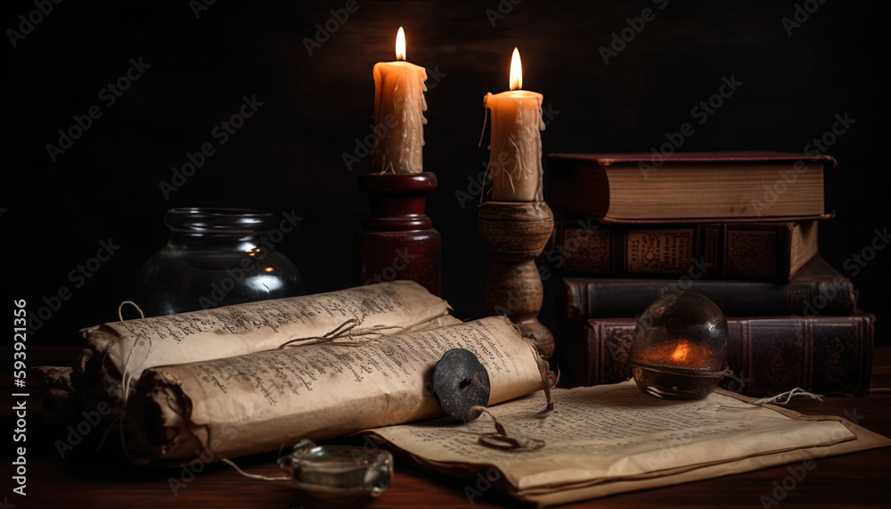 Workplace of a scientist or writer of past centuries by candlelight