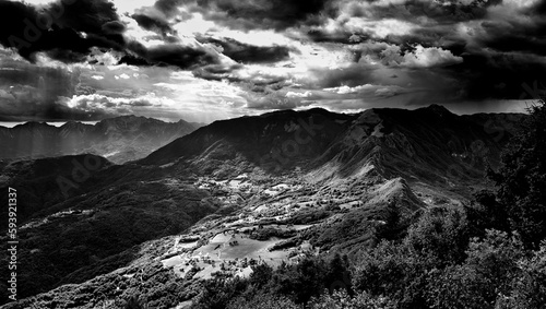 High-angle view of landscape in black and white.
