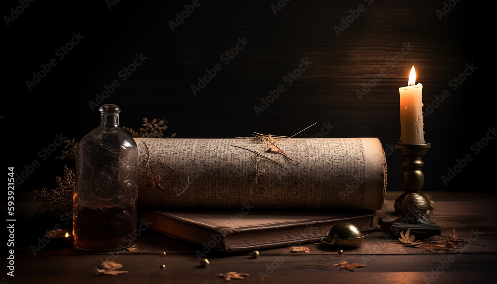 Workplace of a scientist or writer of past centuries by candlelight