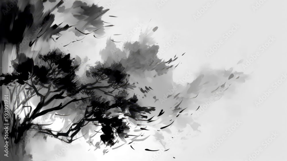 Obraz premium Chinese ink black and white abstract wallpaper. Simple minimal banner of brush strokes. Artistic japanese painting. Tradition zen banner. Splash of paint. Card paper with dark isolated stains texture