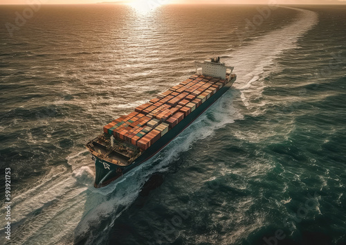 Aerial view container ships sailing through turbulent seas. Transportation concept. International maritime shipment. Generative AI.
