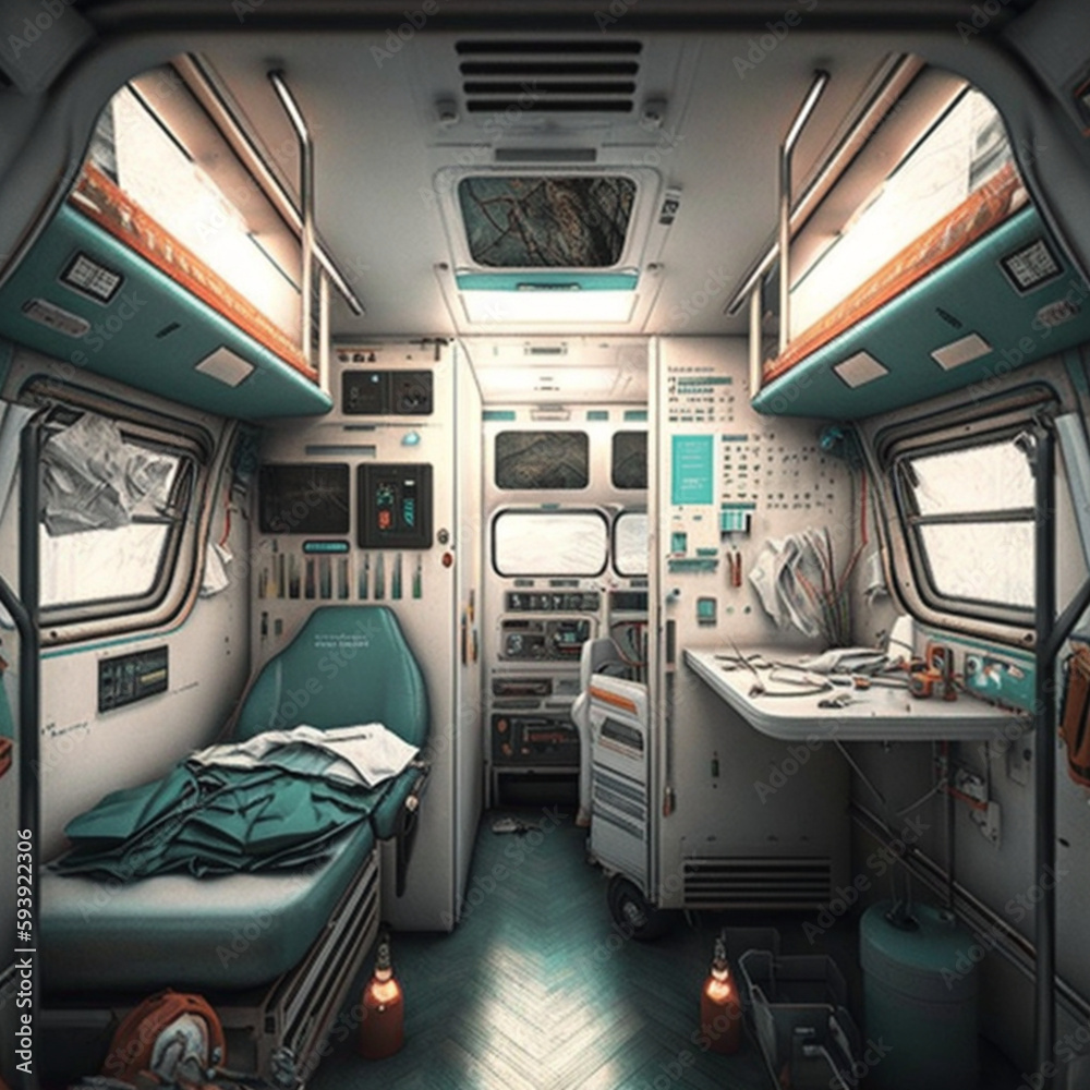 Interior of an ambulance. Generative AI. Interior of an ambulance. Generative AI.
