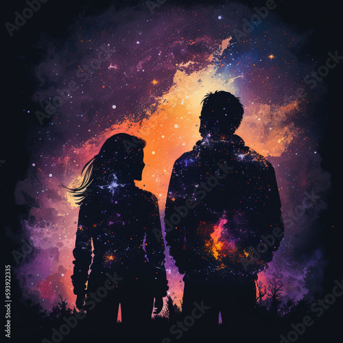 Couple looking at the galaxy. Generative AI.