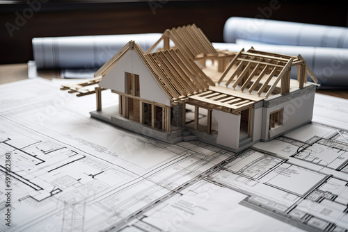 House model on blueprint. Construction and architecture concept. Selective focus. Generative AI