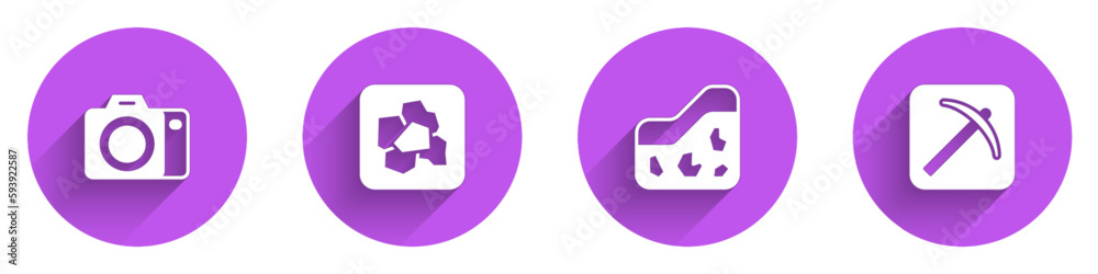 Set Photo camera, Gold nugget, Ground and Pickaxe icon with long shadow. Vector Set Photo camera, Gold nugget, Ground and Pickaxe icon with long shadow. Vector