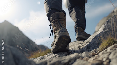 Close-up of man's feet standing on the edge of a mountain, Generative AI