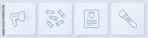 Set line Police megaphone, The arrest warrant, Bullet and Flashlight. White square button. Vector