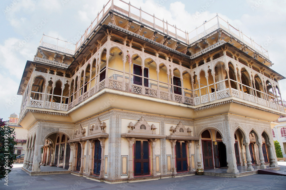 Exteriors of the Mubarak Mahal courtyard, fully developed as late as 1900, City Palace, Jaipur, Rajasthan, India