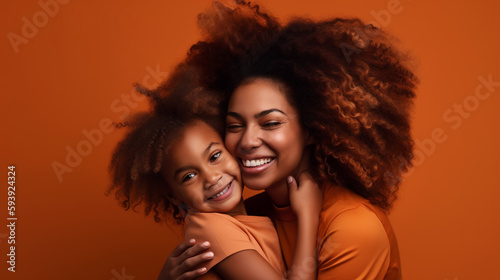 Afroamerican young mother and child smiling happily on flat color background. Photo studio. Image Generative AI.