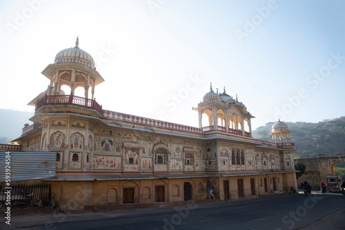 Exteriors of Sisodia Rani Palace and Garden, it was built by Maharaja Sawai Jai Singh II in 1710 A.D, Jaipur, Rajasthan, India