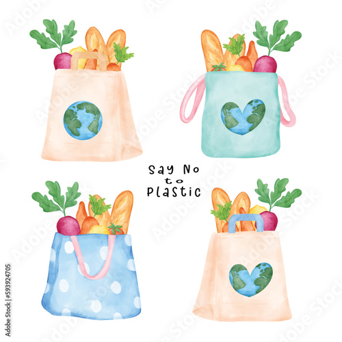 Group of sweet pastel Eco-Friendly reusable shopping bag full of fresh vegetables watercolor hand drawing illustration