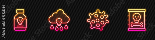 Set line Bacteria, Poisoned pill, Acid rain and Radioactive waste barrel. Glowing neon icon. Vector