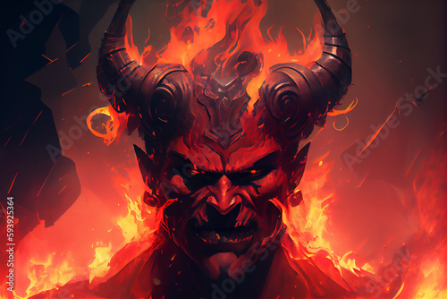 Horned demon standing on inferno fire, generative AI