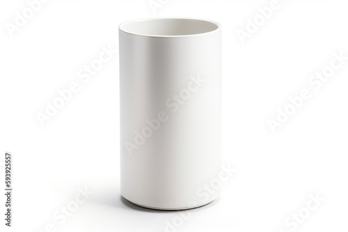 Cleanlined, Cylindrical Metal Vase With Matte White Finish On White Background. Generative AI