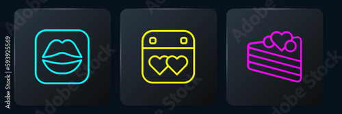 Set line Smiling lips, Wedding cake and Calendar with heart. Black square button. Vector