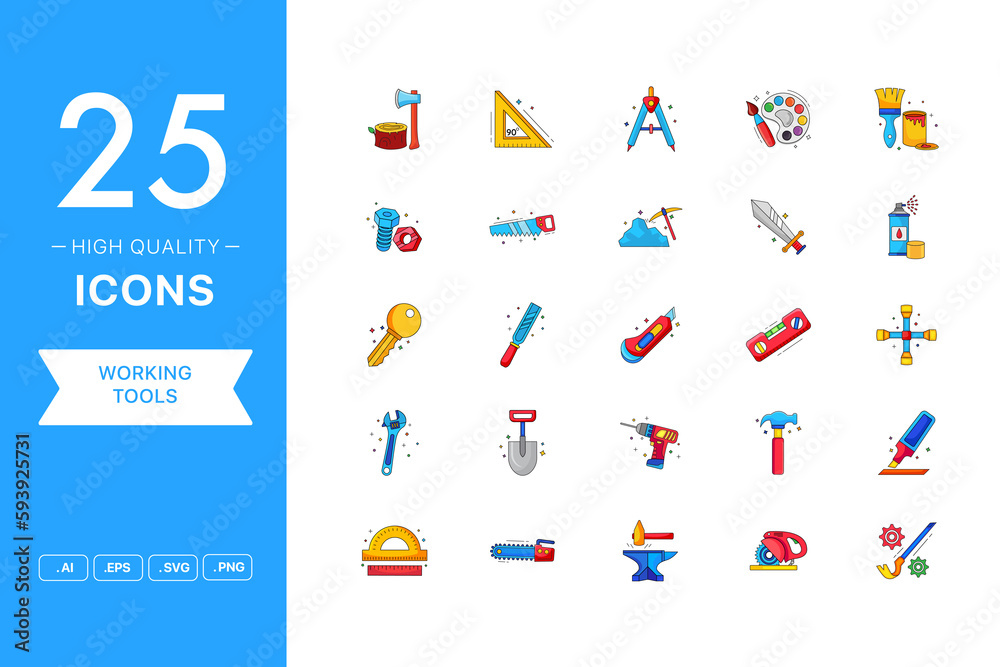 Vector set of Working Tools icons. The collection comprises 25 vector icons for mobile applications and websites.