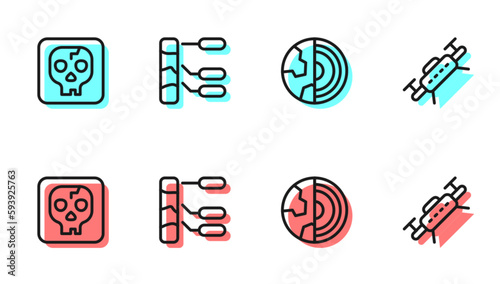 Set line Earth core structure crust, Archeology, Soil analysis and Drone icon. Vector